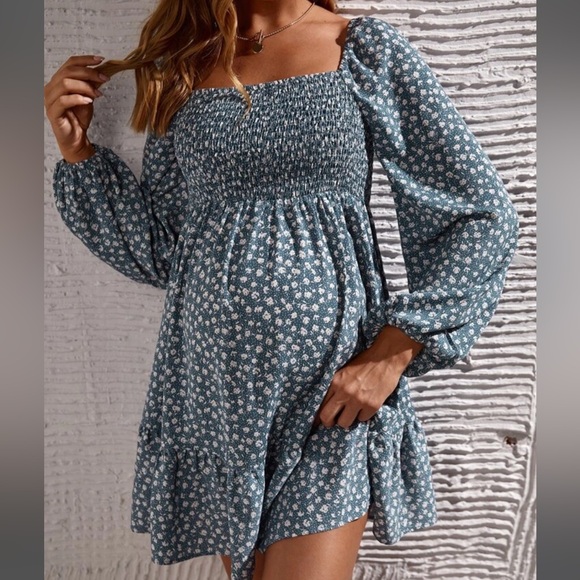 Maternity Blue Floral Long Sleeve Dress - Picture 3 of 6